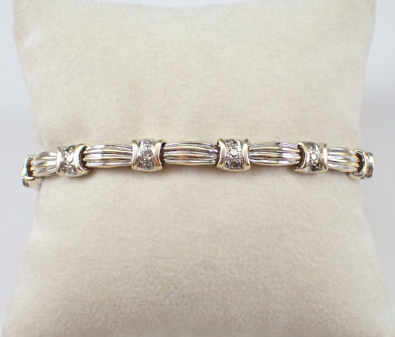 Vintage Diamond Station Bracelet - Estate 14K Two Tone Gold Tennis Bracelet - Unique Jewelry Gift