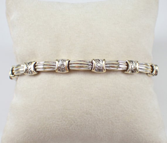 Vintage Diamond Station Bracelet - Estate 14K Two Tone Gold Tennis Bracelet - Unique Jewelry Gift