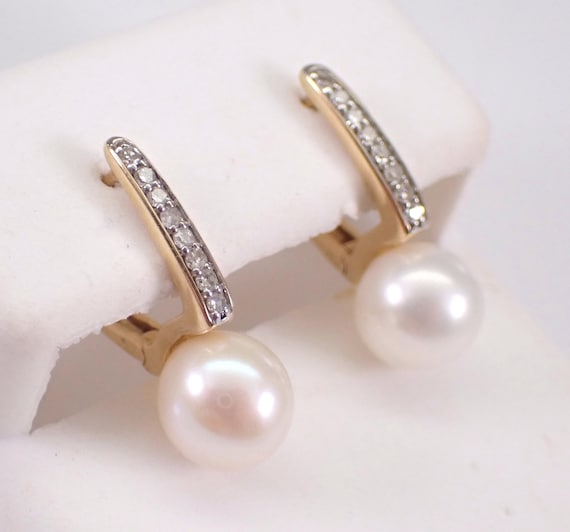 Pearl and Diamond Hoop Earrings - 14K Yellow Gold June Birthstone Jewelry - Unique Gemstone Gift