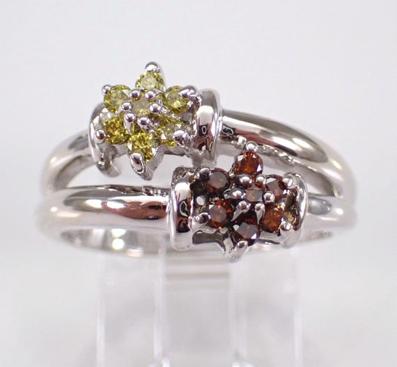 14K White Gold Diamond Flower Ring - Canary and Orange Cluster Multi Row Setting - Estate Vintage Fine Jewelry Gift