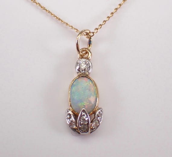 Antique 14K Yellow Gold Opal Necklace - Diamond Charm Pendant and Chain -  October Birthstone Vintage Jewelry Gift