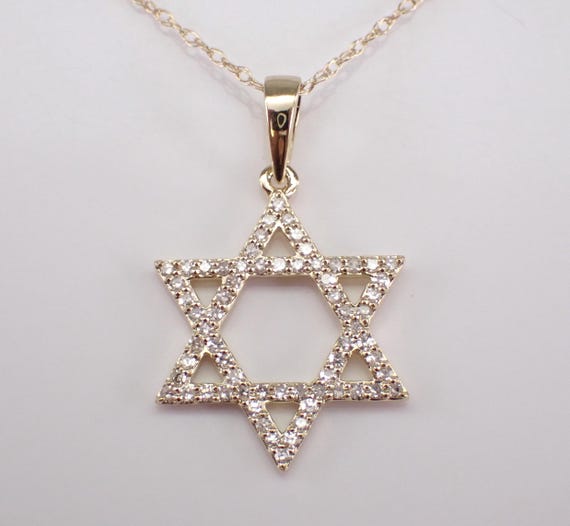 Diamond Star of David Necklace - Yellow Gold Jewish Pendant Charm and Chain - Genuine Religious Fine Jewelry Gifts