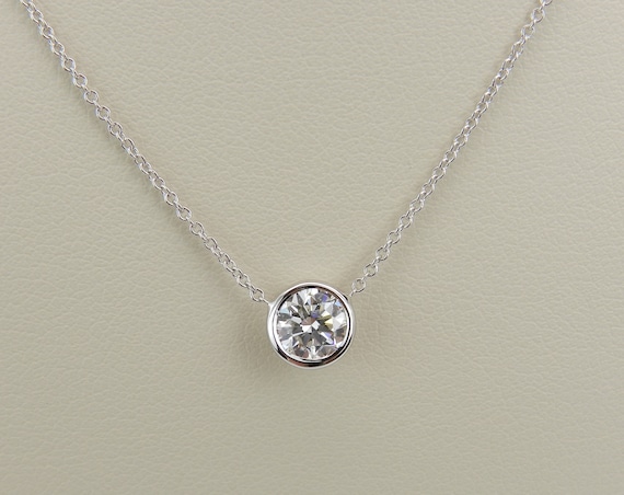 14K White Gold Diamond Solitaire Pendant, Bezel Set Station Necklace Choker Chain, GalaxyGems Bridal Jewelry Gift