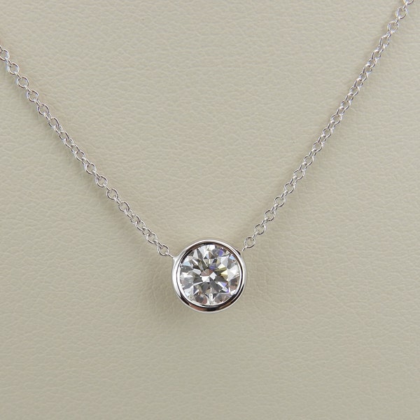 14K White Gold Diamond Solitaire Pendant, Bezel Set Station Necklace Choker Chain, GalaxyGems Bridal Jewelry Gift