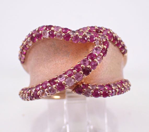 Vintage Sterling Silver Pink Sapphire and Ruby Ring - Estate Unique Rose Toned Crossover Band - Wide Chunky Effy Designer Jewelry