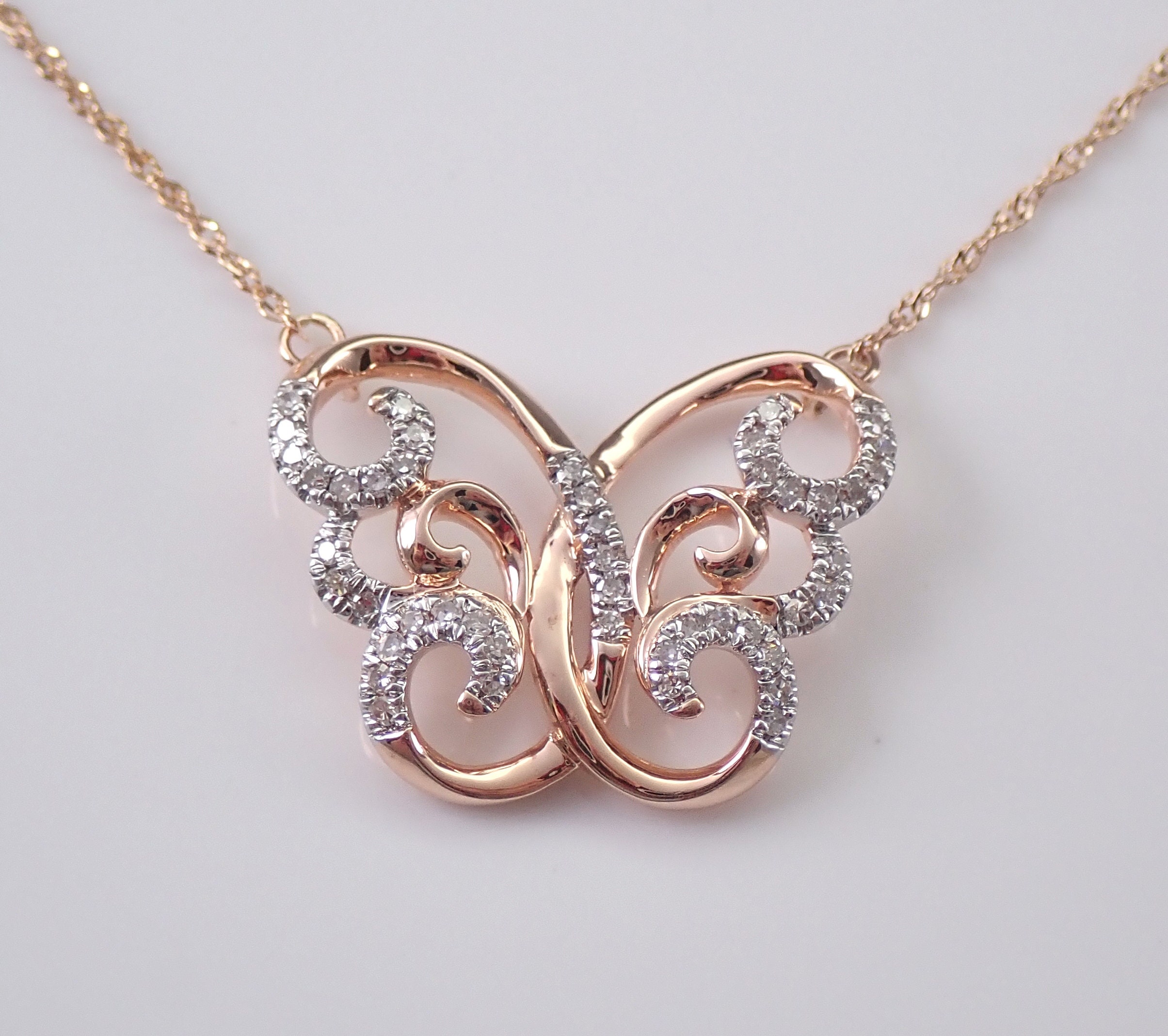 Rose Gold Diamond Butterfly Pendant Necklace 18 Chain Filigree Wedding Gift