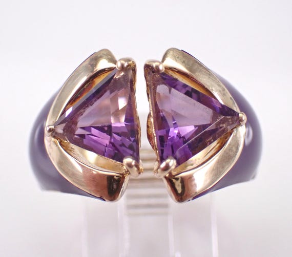 Amethyst and Purple Enamel Ring, Vintage Sterling Silver Gold Plated Fine Jewelry, Trillion Gemstone Unique Gift