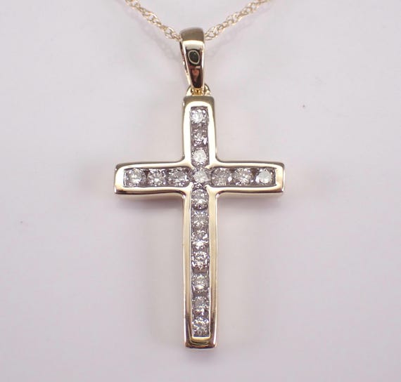 Yellow Gold Diamond Cross Pendant and Chain, Simple Religious Fine Jewelry Charm Necklace, Birthday Graduation Gift