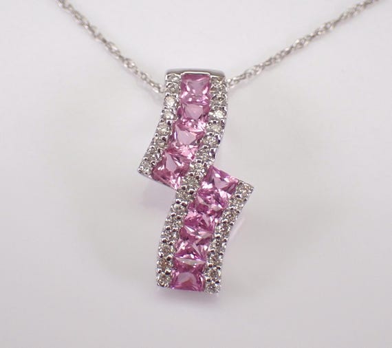 14K White Gold Pink Sapphire Necklace: Diamond and Gemstone Charm Pendant and Chain