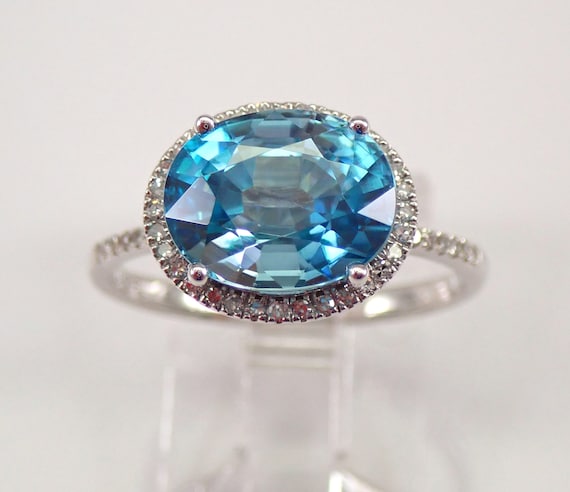 14K White Gold Blue Zircon and Diamond Ring - Unique Halo East West Setting - Unique Bridal Engagement Jewelry Gift