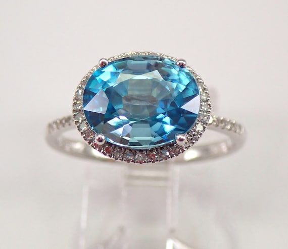 Natural Blue Zircon and Diamond Ring - 14K White Gold Halo East West Setting - Unique Bridal Engagement Jewelry Gift