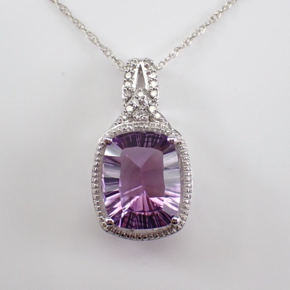 Cushion Cut Amethyst Pendant and Chain - Unique White Gold Gemstone Necklace - Diamond Accent Choker Setting