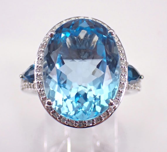 Blue Topaz and Diamond Engagement Ring - White Gold Halo Gemstone Setting - GalaxyGems Bridal Fine Jewelry Gift