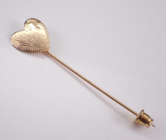 Vintage 14K Yellow Gold Heart Stick Pin - Estate Engraved Etched Fine Jewelry Brooch