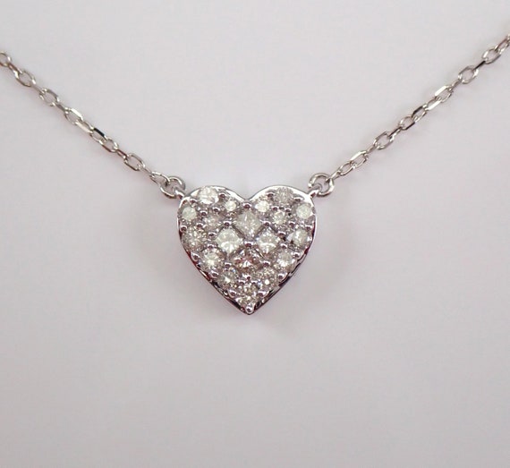 Petite Diamond Cluster Heart Pendant, Genuine Small Choker Necklace and Chain, 10K White Gold Fine Jewelry Gift Idea