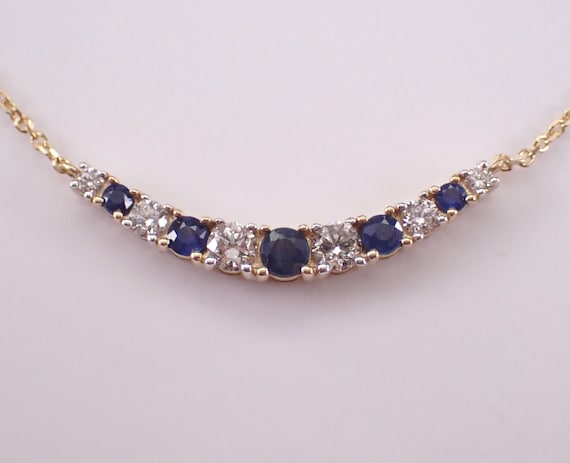 Sapphire and Diamond Pendant and Chain: Yellow Gold Gemstone Station Bar Necklace