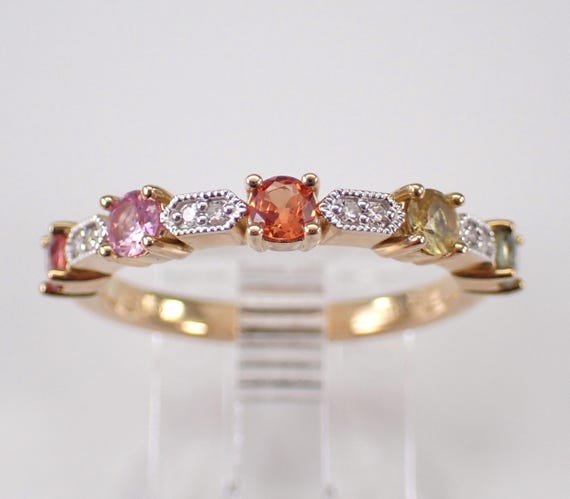 14K Yellow Gold Multi Color Sapphire Wedding Ring - Stacking Diamond Set Anniversary Band - Pink Green Orange Gemstone Fine Jewelry