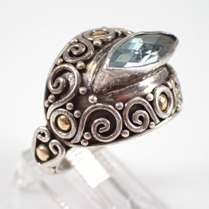 Vintage Sterling Silver and 18K Gold Blue Topaz Ring - Unique Marquise Gemstone Band