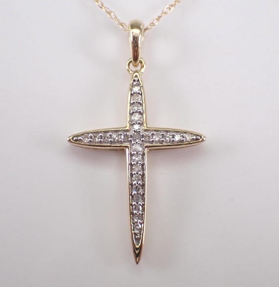 Yellow Gold Diamond Cross Pendant, Dainty Religious Charm Necklace, Crucifix Drop on Chain