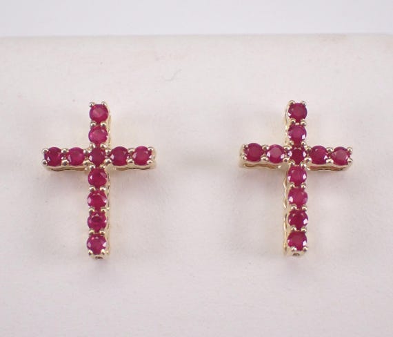 Yellow Gold Ruby Cross Stud Earrings - Dainty Gemstone Screwback Studs - July Birthstone Fine Jewelry Gift