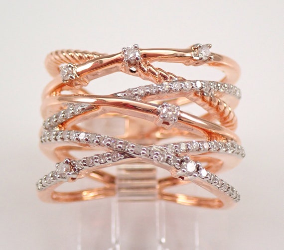 Genuine Diamond Multi Row Ring, Crossover Anniversary Band, Solid Rose Gold Right Hand Ring