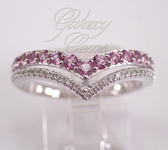 White Gold Pink Sapphire Chevron Wedding Ring: Stackable Multi Row Diamond Anniversary Band