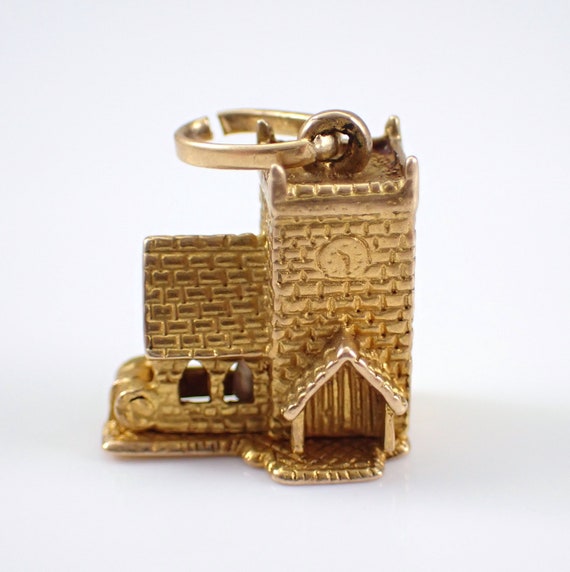 Vintage 9K Yellow Gold Wedding Chapel Charm, Unique Religious Building Pendant, Hinged Enamel Marriage Ceremony People