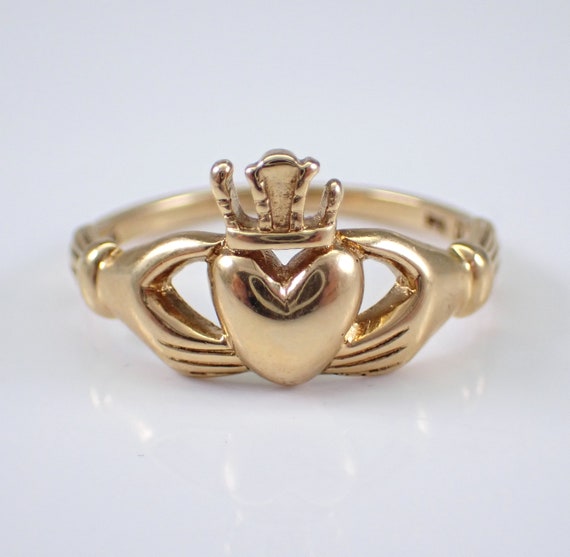 Vintage Yellow Gold Claddagh Ring - Irish Wedding Band - Heart Crown Promise Ring - Petite Youth Jewelry Gift