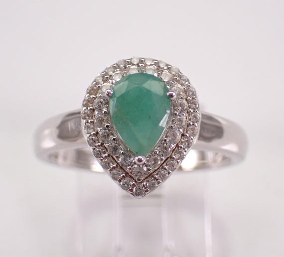 Sterling Silver Emerald Engagement Ring: Cubic Zirconia Halo Band, Gemstone Anniversary Jewelry Gift