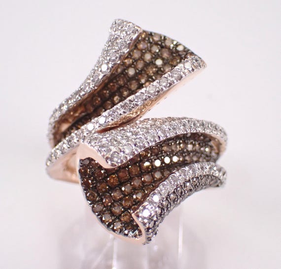 14K Rose Gold Brown Diamond Bypass Ring - Colored Fancy Cluster Bypass Band - Unique Crossover Fine Jewelry Gift