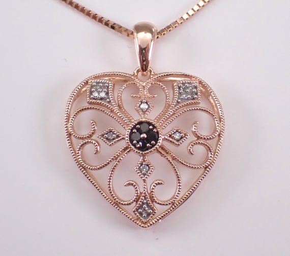 14K Rose Gold Diamond Heart Necklace, Filigree Charm Pendant and Chain