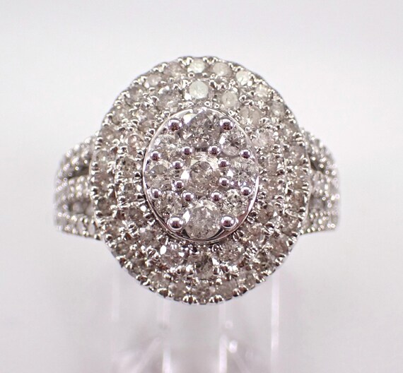 White Gold Oval Diamond Cluster Ring - Chunky Halo Bridal Engagement Band - Unique Statement Right Hand Jewelry Gift