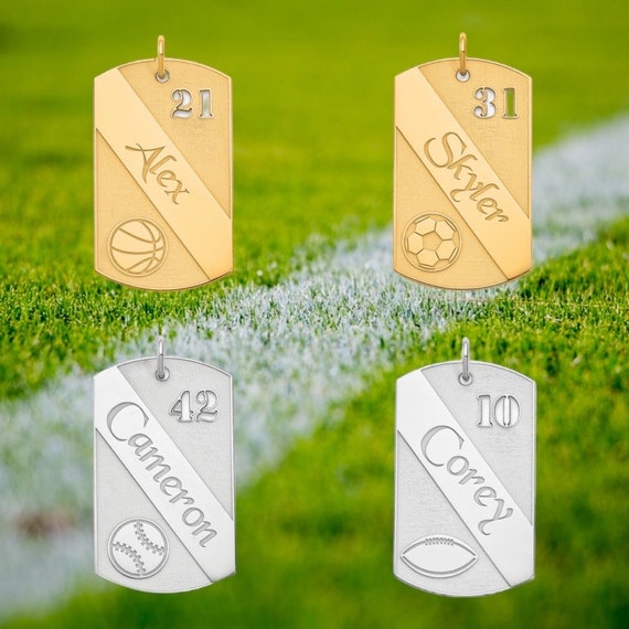 Nameplate Sports Dog Tag Charm, Football Baseball Soccer Basketball Birthday Gift for Boy, Pendant for Him, Athlete Player Number