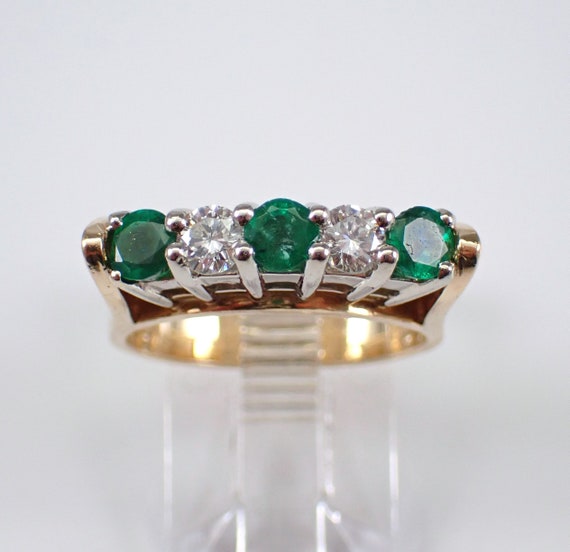 Vintage 14K Yellow Gold Emerald Wedding Ring - Diamond and Gemstone Stackable Anniversary Band