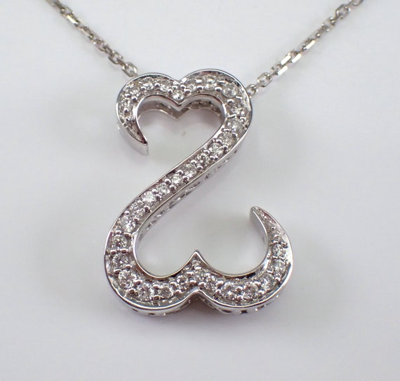 Unique Diamond Heart Charm Pendant - 14K White Gold Choker Necklace and Chain  - Unique Wedding Birthday Fine Jewelry Gift