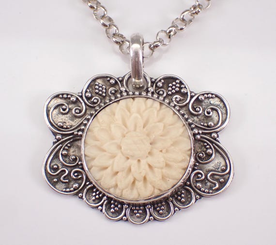 Sterling Silver Carved Flower Cameo Necklace, Vintage Large Charm Pendant Chain, Estate Everyday Daily Wear Jewelry Gift