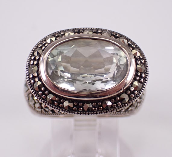 Sterling Silver Prasiolite and Marcasite Ring - Unique Stackable Gemstone Halo Band - Estate Jewelry Gift