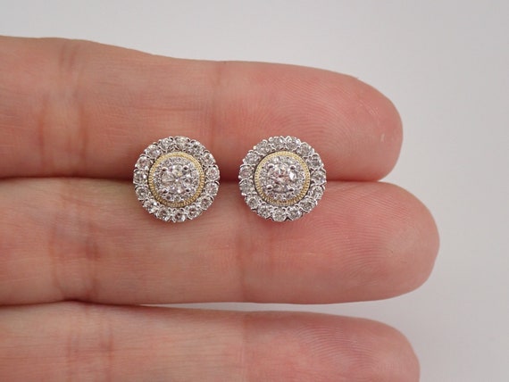 Yellow and White Gold 1.00 ct Diamond Stud Earrings Halo Studs PERFECT GIFT