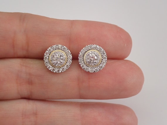 Yellow and White Gold 1.00 ct Diamond Stud Earrings Halo Studs PERFECT GIFT