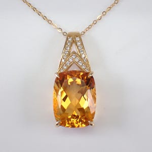 Cushion Cut Citrine Pendant and Chain - Unique 14K Yellow Gold Diamond Charm Necklace - November Birthstone Jewelry Gift