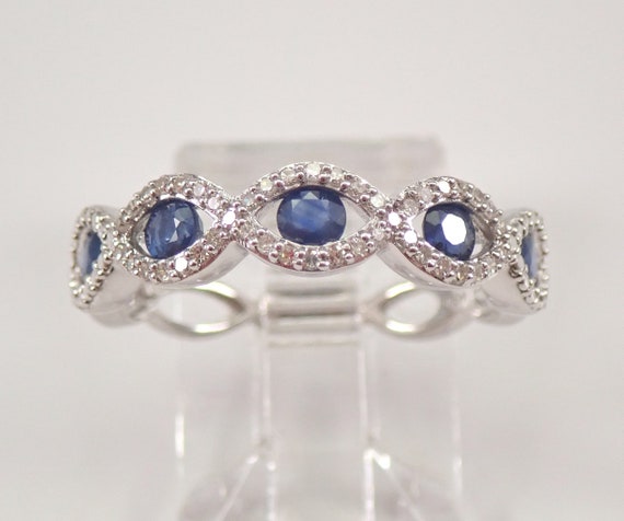 14K White Gold Sapphire and Diamond Ring - Unique Flush Halo Wedding Anniversary Band - September Birthstone Fine Jewelry Gift