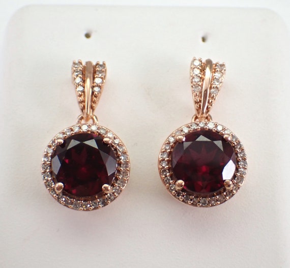 Garnet and Diamond Earrings - Rose Gold Halo Dangle Setting - January Birthstone Fine Jewelry Gift