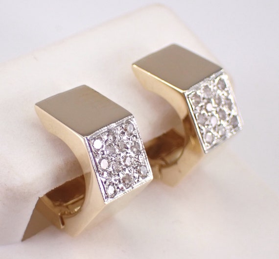 Vintage Diamond Hoop Earrings - Estate 14K Yellow Chunky Square Design - Unique Fine Jewelry Gift for Her