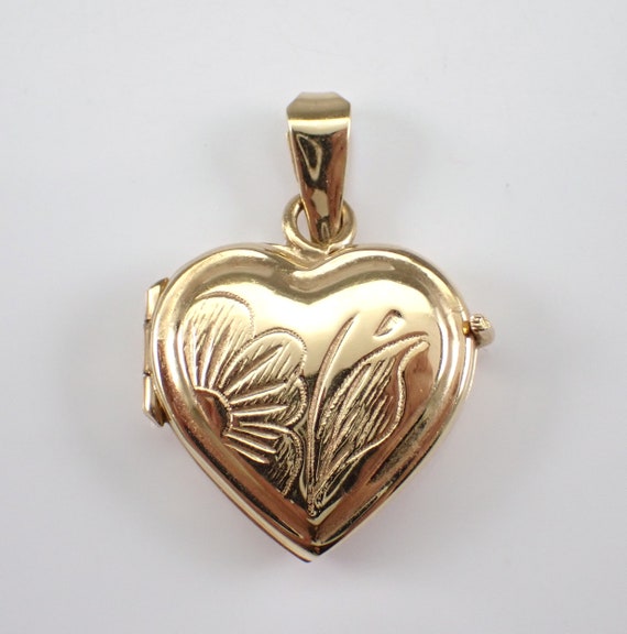 Vintage Heart Locket Charm, 14K Yellow Gold Flower Pendant for Bracelet or Necklace