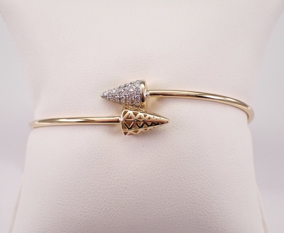 14K Yellow Gold Diamond Bangle Bracelet, Unique Flexible Bypass Cuff, Bridal Fine Jewelry Gift for Her