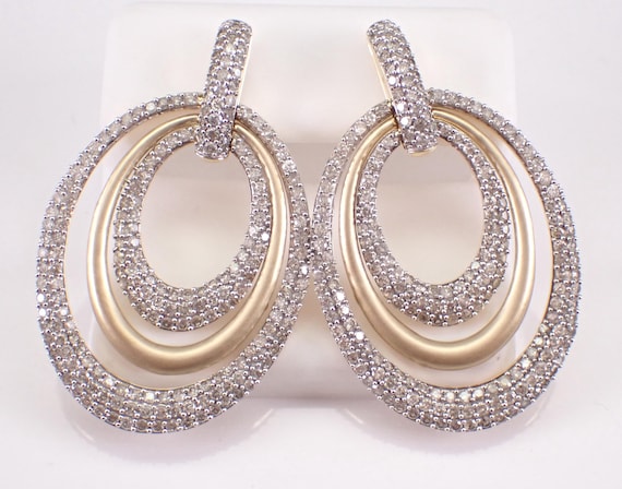 14K Yellow Gold Diamond Dangle Earrings: Unique Two Tone Teardrop Chandelier Drops
