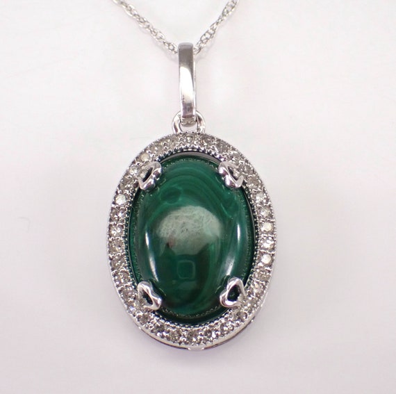 Malachite and Diamond Pendant and Chain - White Gold Halo Setting Charm Necklace - Green Gemstone Fine Jewelry Gift