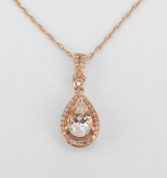 Diamond and Morganite Necklace - Rose Gold Teardrop Pendant and Chain - Bridal Wedding Fine Jewelry Gift