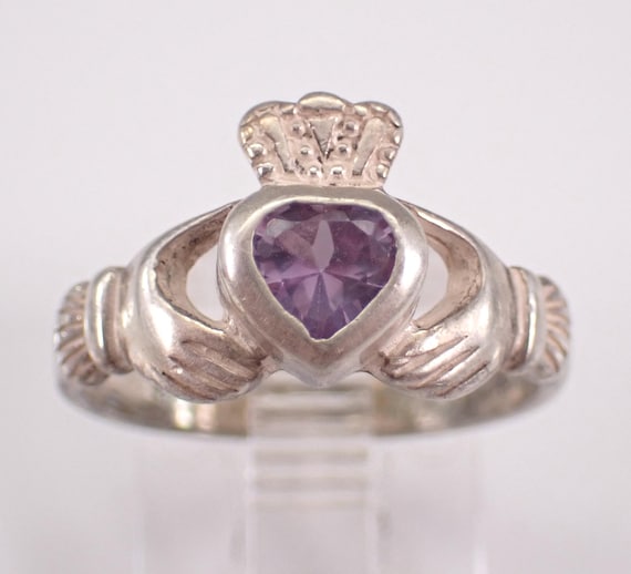 Vintage Sterling Silver Amethyst Claddagh Ring - Dainty Irish Wedding Band - Heart Crown Promise Youth Jewelry Gift