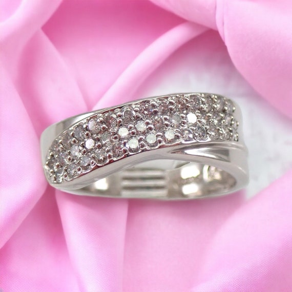 Vintage Platinum Diamond Wedding Ring, Pave Set Crossover Anniversary Band, Estate Fine Jewelry